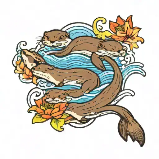 A traditional style tattoo of a group of playful otters swimming in a river, with traditional Japanese waves in the background tattoo design idea