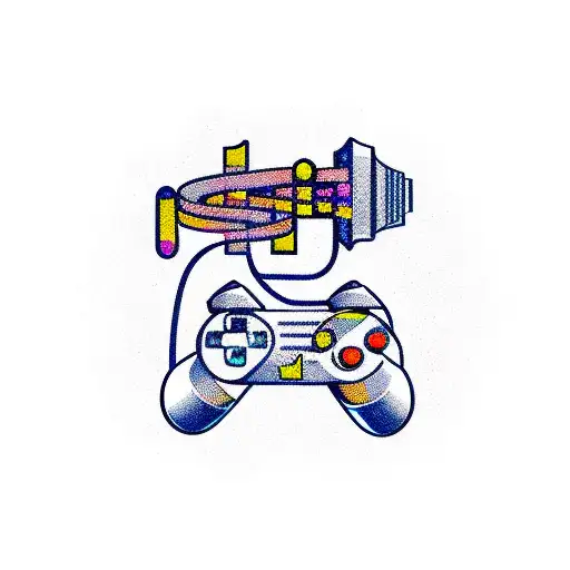 A new-school design of a video game controller intertwined with jazz instruments tattoo design idea