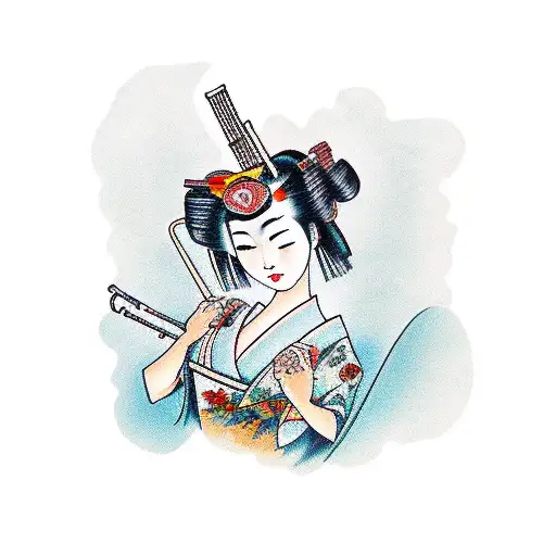 A traditional Japanese geisha holding a joint, with a jazz band playing in the background tattoo design idea