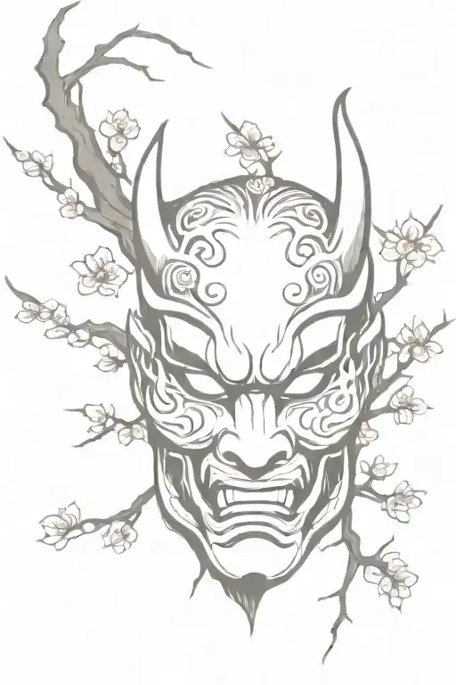Oni Mask sleeve tattoo and cherry blossom tree tattoo design idea