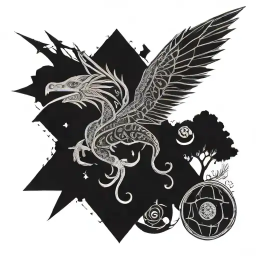 a dragon that is on the tree of life, with time with the moon and the sun, that is with a hummingbird and a mark tattoo design idea
