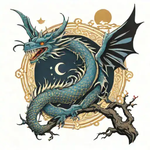 a dragon that is on the tree of life, with time with the moon and the sun, that is with a hummingbird and a mark tattoo design idea