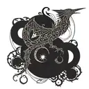 a dragon that is on the tree of life, with time with the moon and the sun, that is with a hummingbird and a mark tattoo design idea