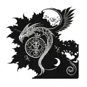 a dragon that is on the tree of life, with time with the moon and the sun, that is with a hummingbird and a mark tattoo design idea