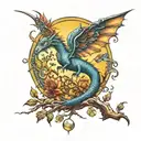 a dragon that is on the tree of life, with time with the moon and the sun, that is with a hummingbird and a mark tattoo design idea