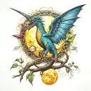 a dragon that is on the tree of life, with time with the moon and the sun, that is with a hummingbird and a mark tattoo design idea