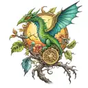 a dragon that is on the tree of life, with time with the moon and the sun, that is with a hummingbird and a mark tattoo design idea