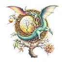 a dragon that is on the tree of life, with time with the moon and the sun, that is with a hummingbird and a mark tattoo design idea
