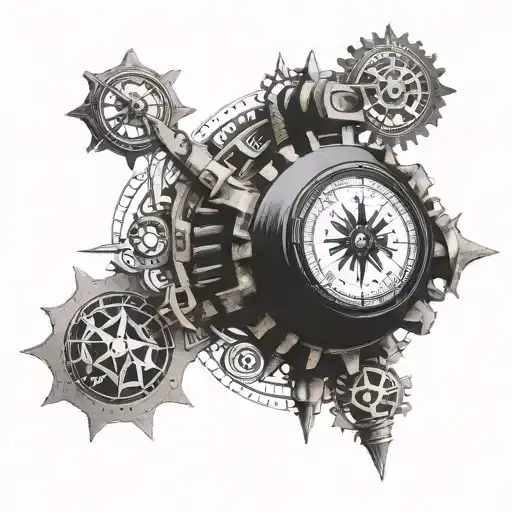 An intricate chessboard pattern intertwined with motorcycle gears and travel compass rose tattoo design idea