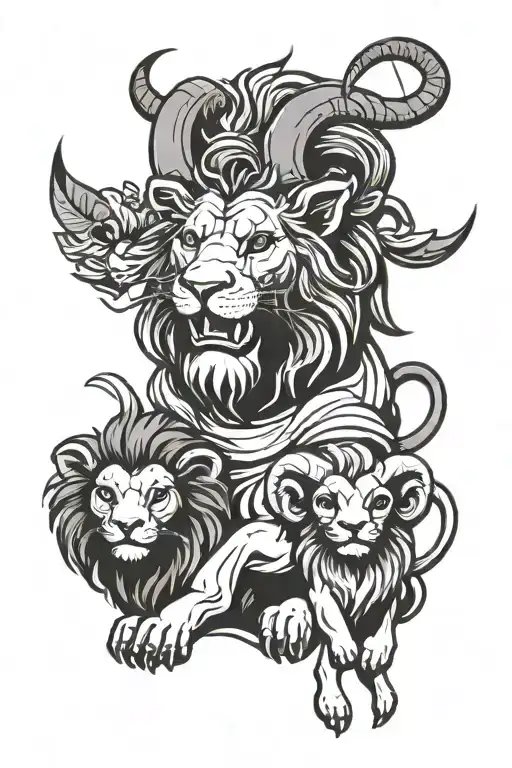 Lion and Ram with child playing tattoo design idea