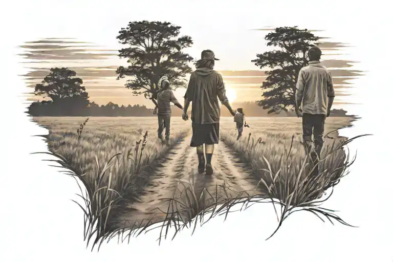 field with 2 people holding hands walking to sunset tattoo design idea