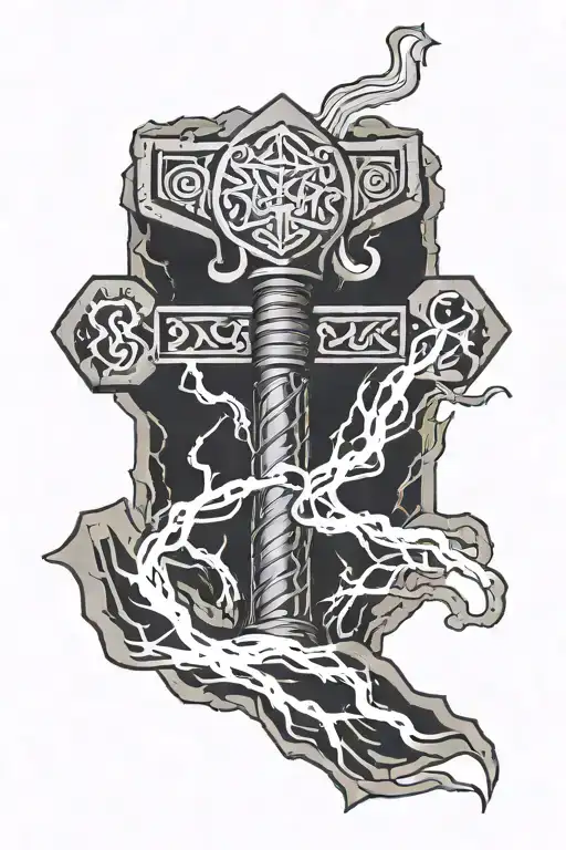 thor hammer, mjolnir, shooting long lightning at a semicolon and the semicolon having pieces fly off  tattoo design idea