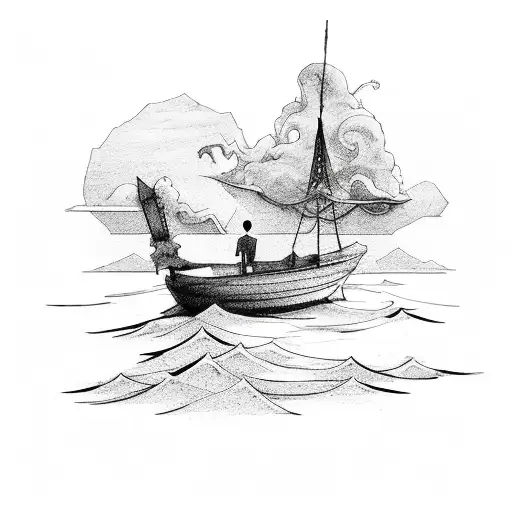 burning boat & man on a shoreline tattoo design idea