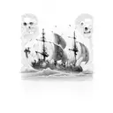 Hell, with burning ships, heaven tattoo design idea