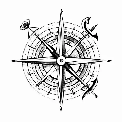 marine compass with an anchor and scroll tattoo design idea