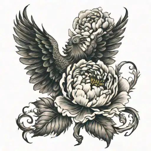 phoenix bird rising  peony flower botanical style tattoo design idea