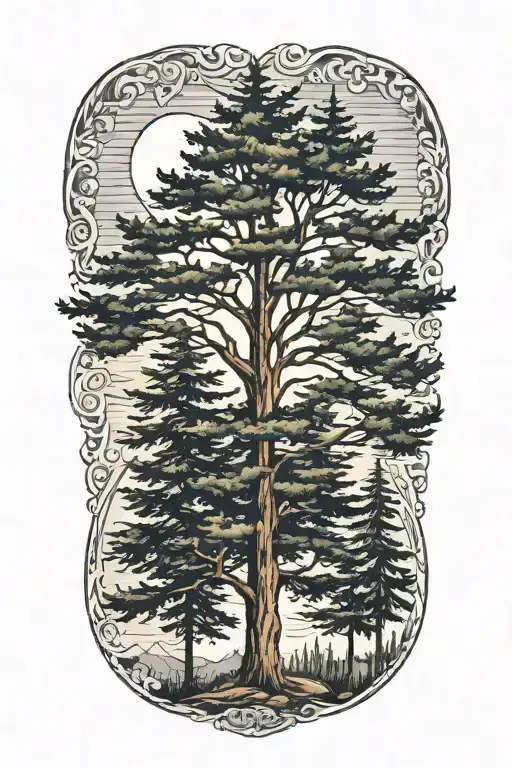 5 evergreen trees sunrise tattoo design idea