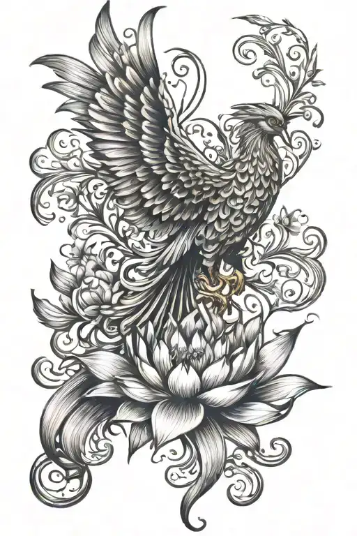 phoenix emerging upward gaze from lotus flower feature and petal flames no frame  tattoo design idea