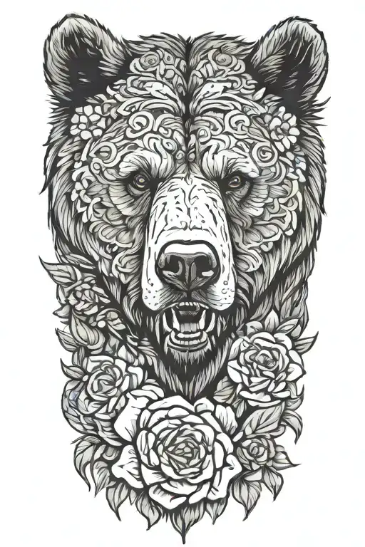 grizzly bear head floral wrap draping tattoo design idea