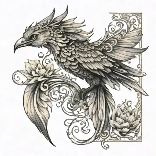 regal phoenix flying  from lotus flower feature  delicate ribbons fine line detail  tattoo design idea
