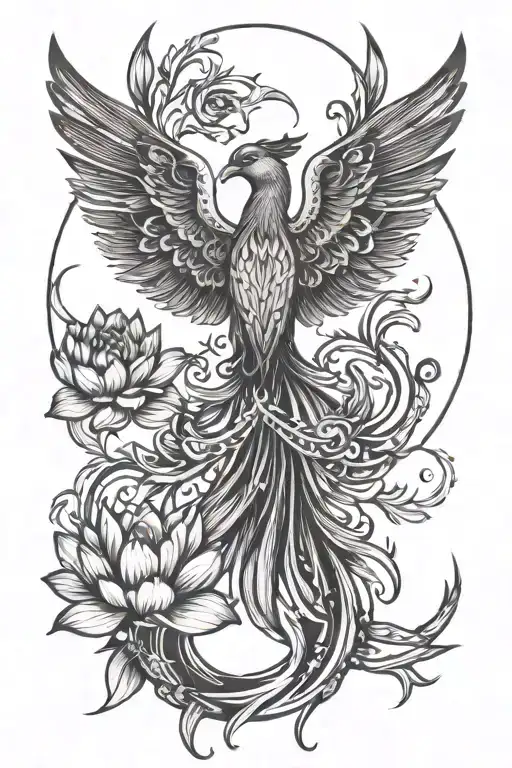 phoenix rising  from lotus flower feature  delicate ribbons fine line detail  tattoo design idea