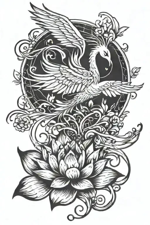 phoenix rising  from lotus flower feature  delicate ribbons fine line detail  tattoo design idea