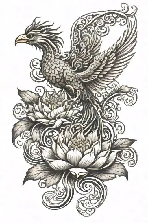 phoenix emerging from lotus flower feature swirls and flames no frame  tattoo design idea