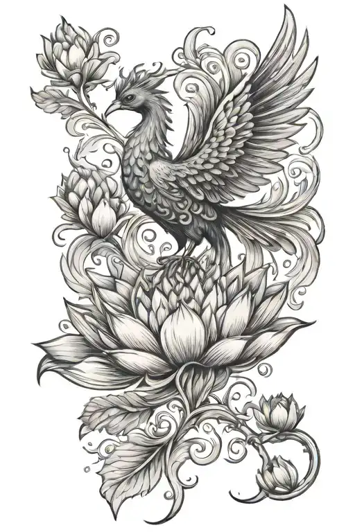 phoenix bird rising from center of lotus in water tattoo design idea