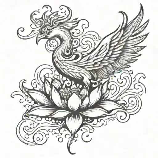 phoenix bird rising from center of lotus in water tattoo design idea