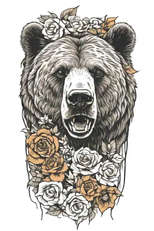grizzly bear head floral wrap draping tattoo design idea