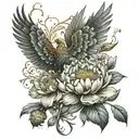 phoenix bird rising  peony flower botanical style tattoo design idea
