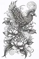 phoenix emerging upward gaze from lotus flower feature and petal flames no frame  tattoo design idea