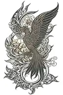 phoenix rising  from lotus flower feature  delicate ribbons fine line detail  tattoo design idea
