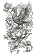 phoenix bird rising from center of lotus in water tattoo design idea