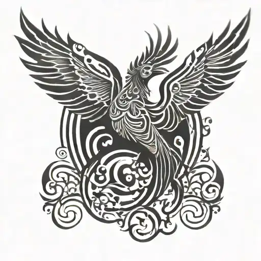 A tribal phoenix spreading its wings in a blackwork style tattoo design idea