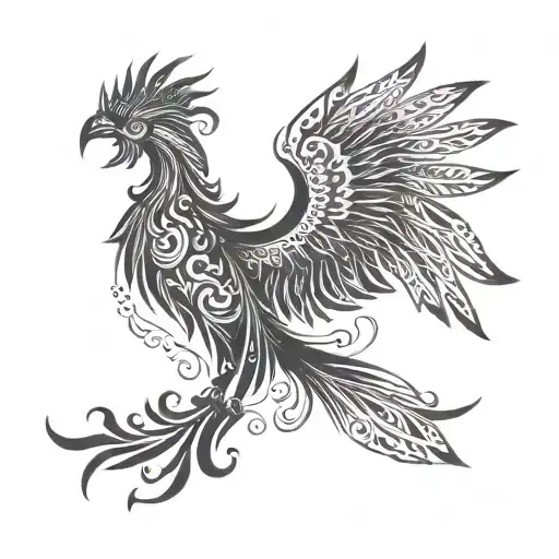 A tribal phoenix spreading its wings in a blackwork style tattoo design idea