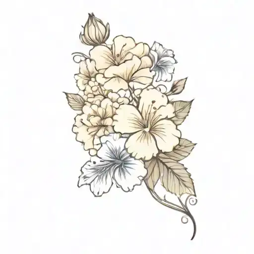 Carnations, hibiscus, delphiniums, begonias bouquet tattoo design idea