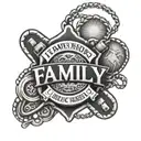 Intricate army dog tags design with the words 'family', 'friends', and 'work hard' in a black-grey style tattoo design idea