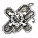 Intricate army dog tags design with the words 'family', 'friends', and 'work hard' in a black-grey style tattoo design idea