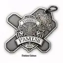 Intricate army dog tags design with the words 'family', 'friends', and 'work hard' in a black-grey style tattoo design idea