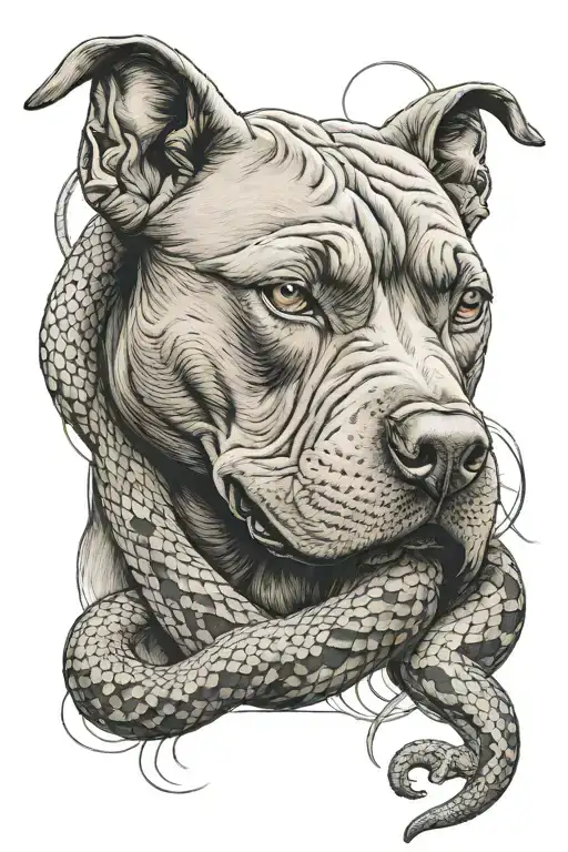 A realistic tattoo of a pit bull and a snake intertwined, symbolizing strength and cunning tattoo design idea