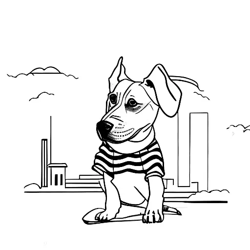 A minimalist tattoo of a dog wearing fashionable oversized clothes against a backdrop of Spanish and Dutch landmarks tattoo design idea