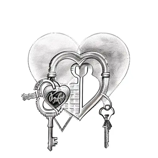 A realistic portrait of Amy and Daniels intertwined with a heart-shaped lock and key tattoo design idea