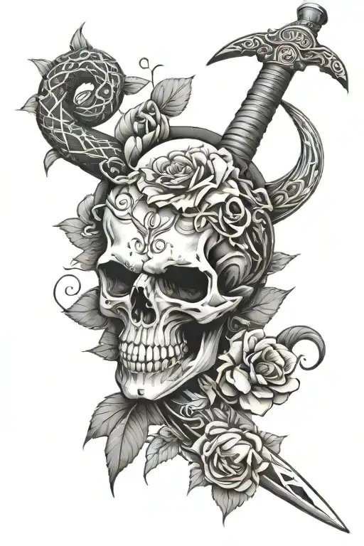 skull sword and snake surrounded by flowers intertwined tattoo design idea