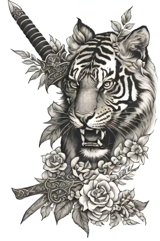 half tiger face surrounded by flowers and sword tattoo tattoo design idea
