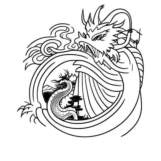  Tattoo sketch, Japanese style. A snowboarder rolls down a mountain with a Japanese dragon on his board. BW tattoo design idea