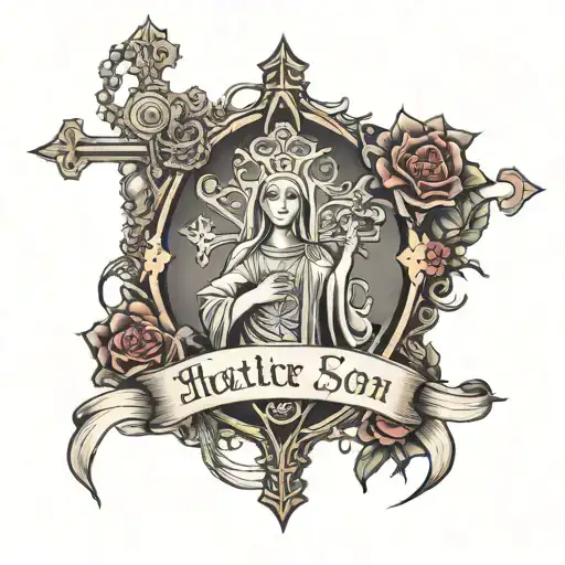 give me a tattoo design in long sleeve arm about holy cross, rosary and silhoutte of mother and son and text written in  tattoo design idea