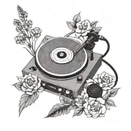voyager record player with flowers tattoo design idea