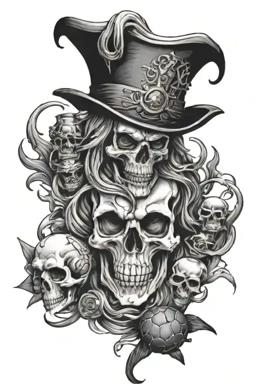 left arm full sleeve, davy jones skull with sailor dixie cup, king neptune, sea turtle, swallows tattoo design idea