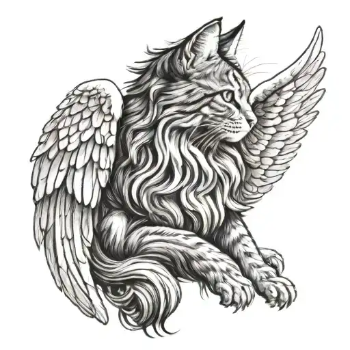 long hair cat angel wings tattoo design idea